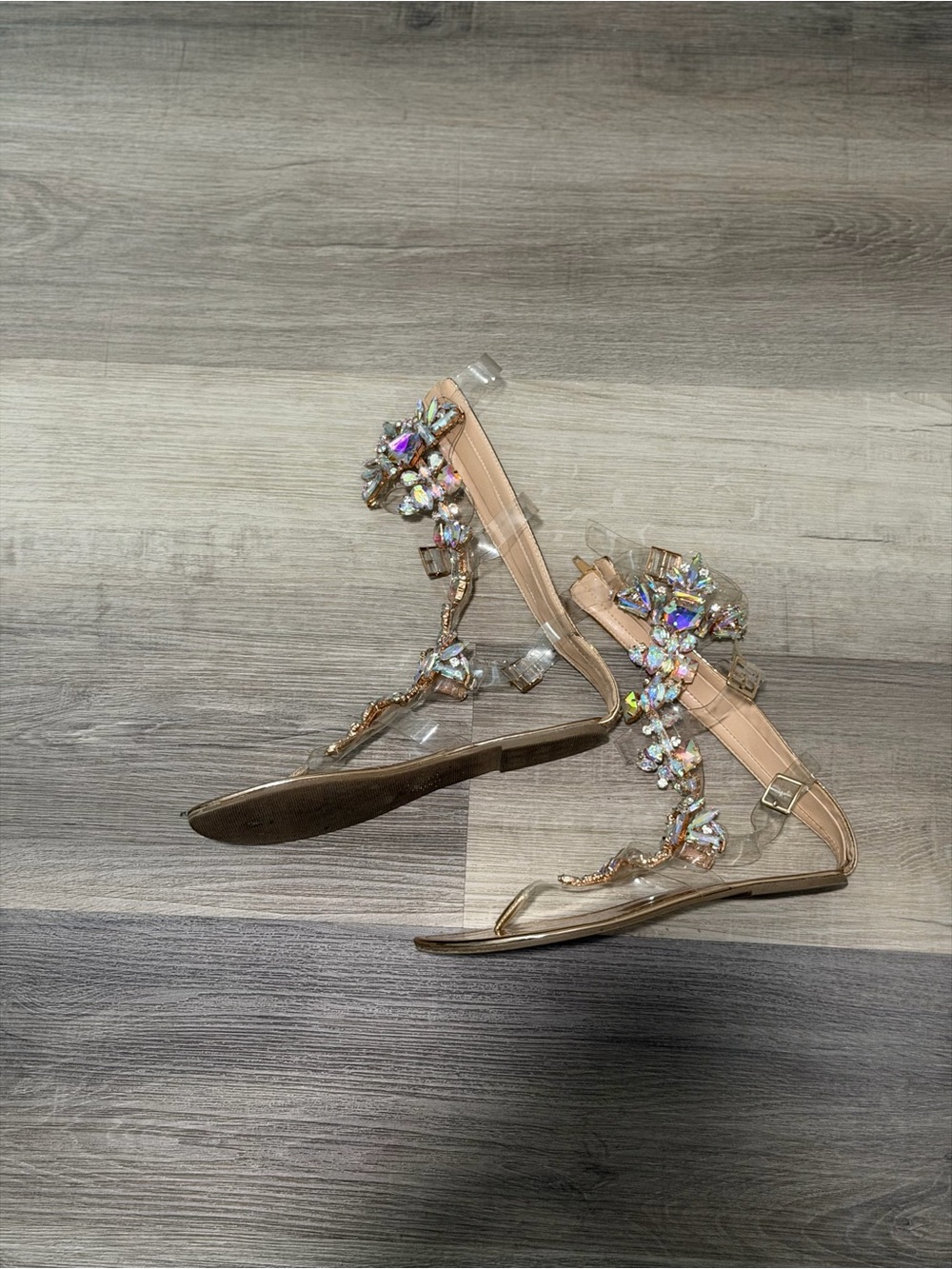 Fashion Nova Nude Jeweled T-Strap Flat Sandals